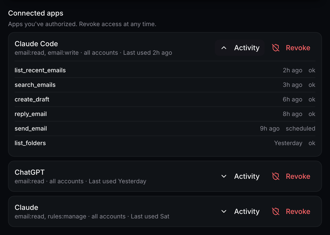 Settings, Integrations, Connected apps: three agents, each with its scopes, when it was last used, Activity and Revoke; the first agent's recent tool calls are open