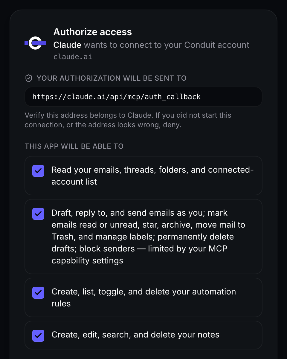 Conduit's consent screen: the agent asking to connect, the address the authorization is sent to, and a checkbox for each of four scopes: read, write, rules and notes